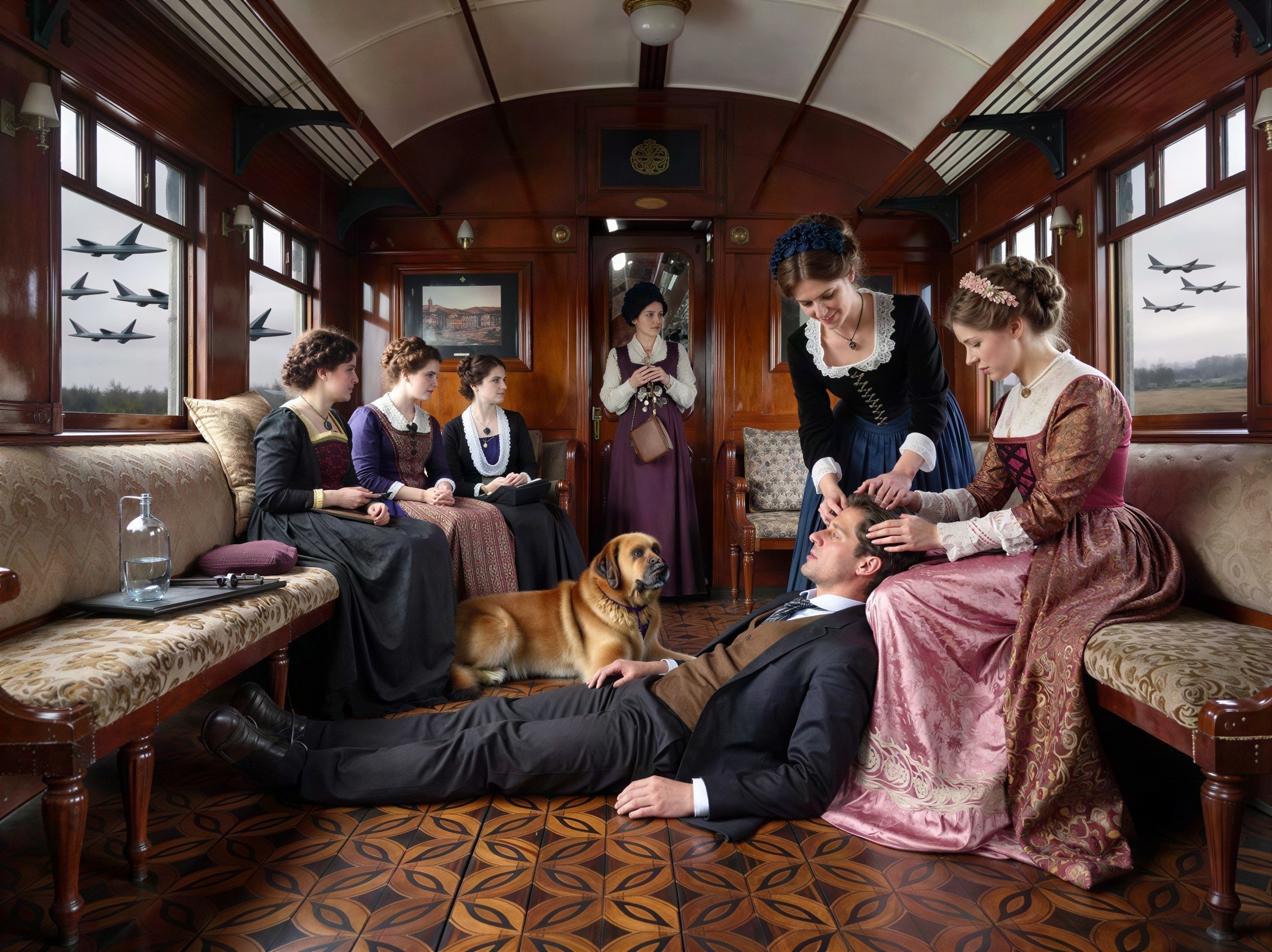 Man in Suit and Women in Period Dresses in Train Cabin