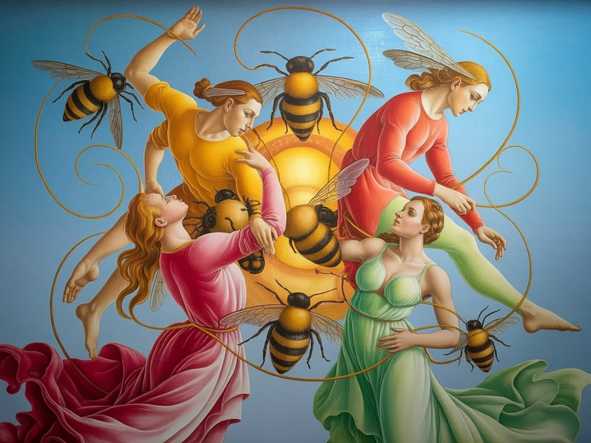 Colorful Artwork with Four Female Figures and Bees