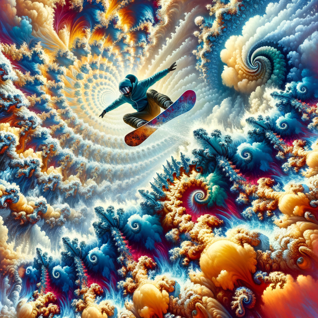 Snowboarder in Vibrant Fractal Landscape - Blue, Orange, White