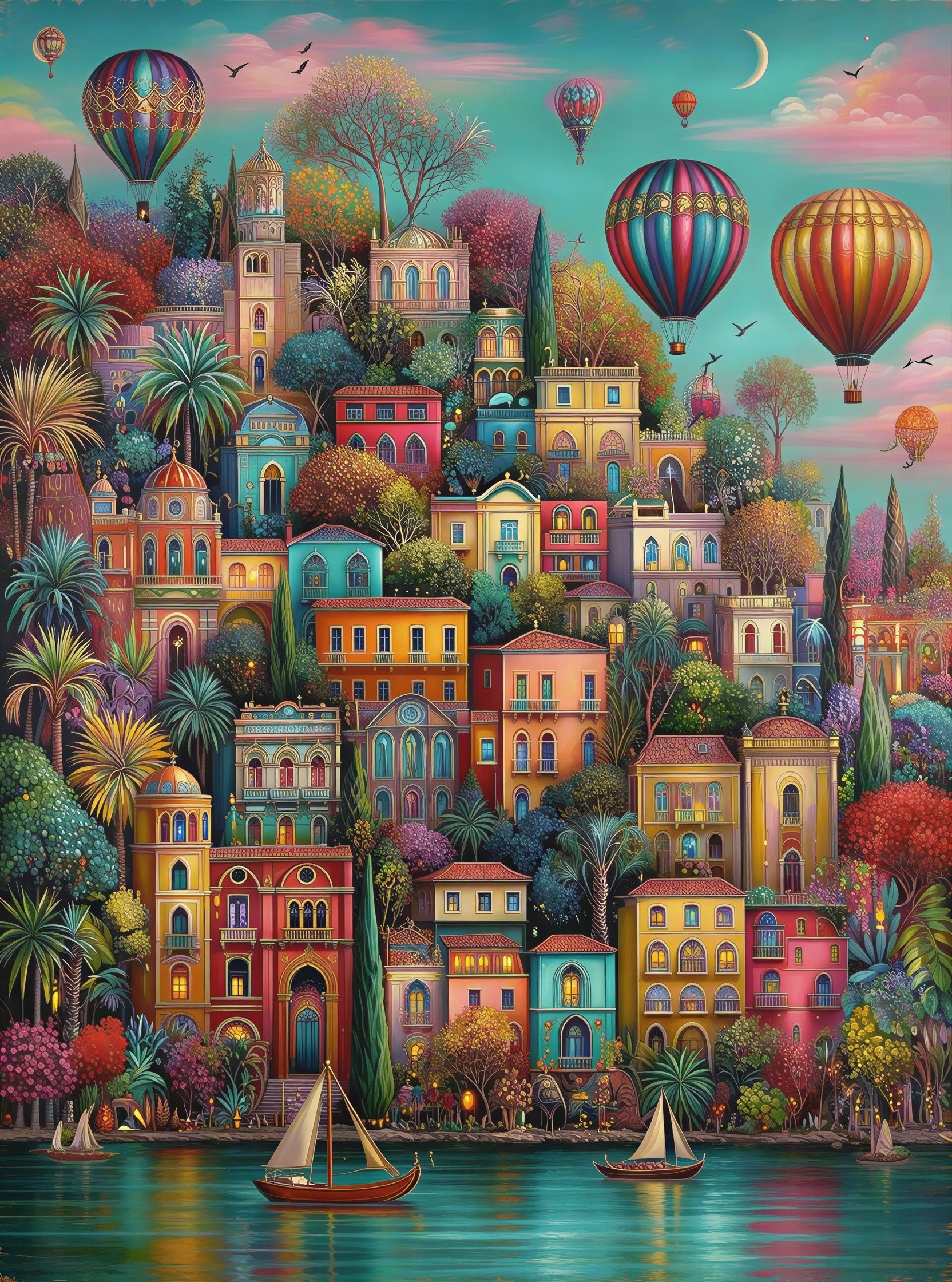 Vibrant Illustration of a Picturesque Hillside Town