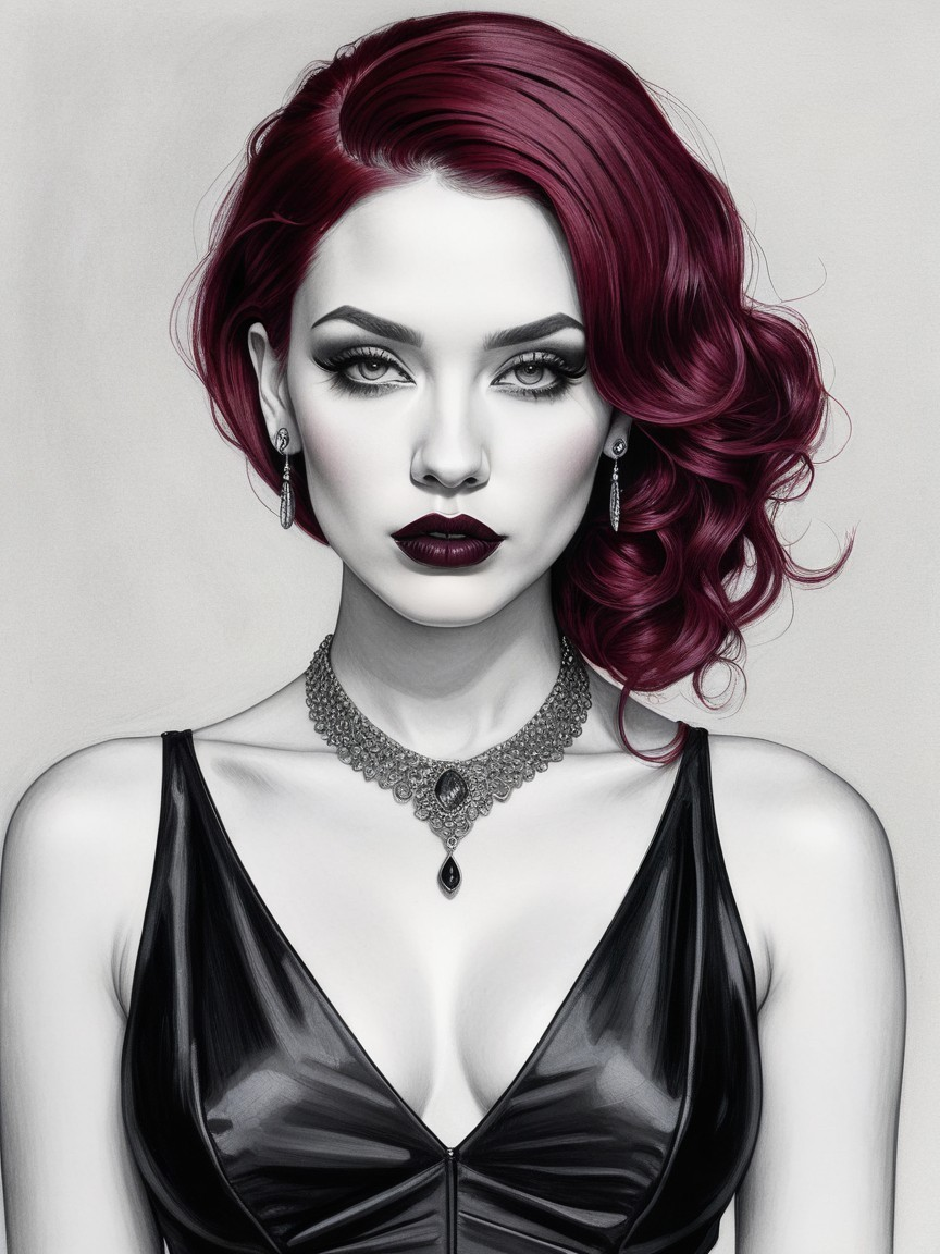 Black and white portrait of a woman with burgundy hair