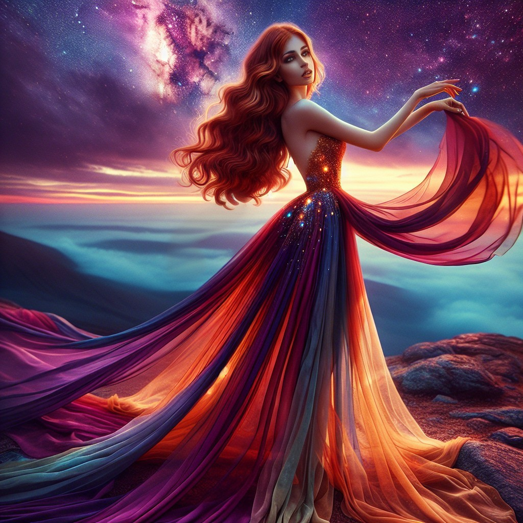 Ethereal Gown Transitioning Colors Against Cosmic Background