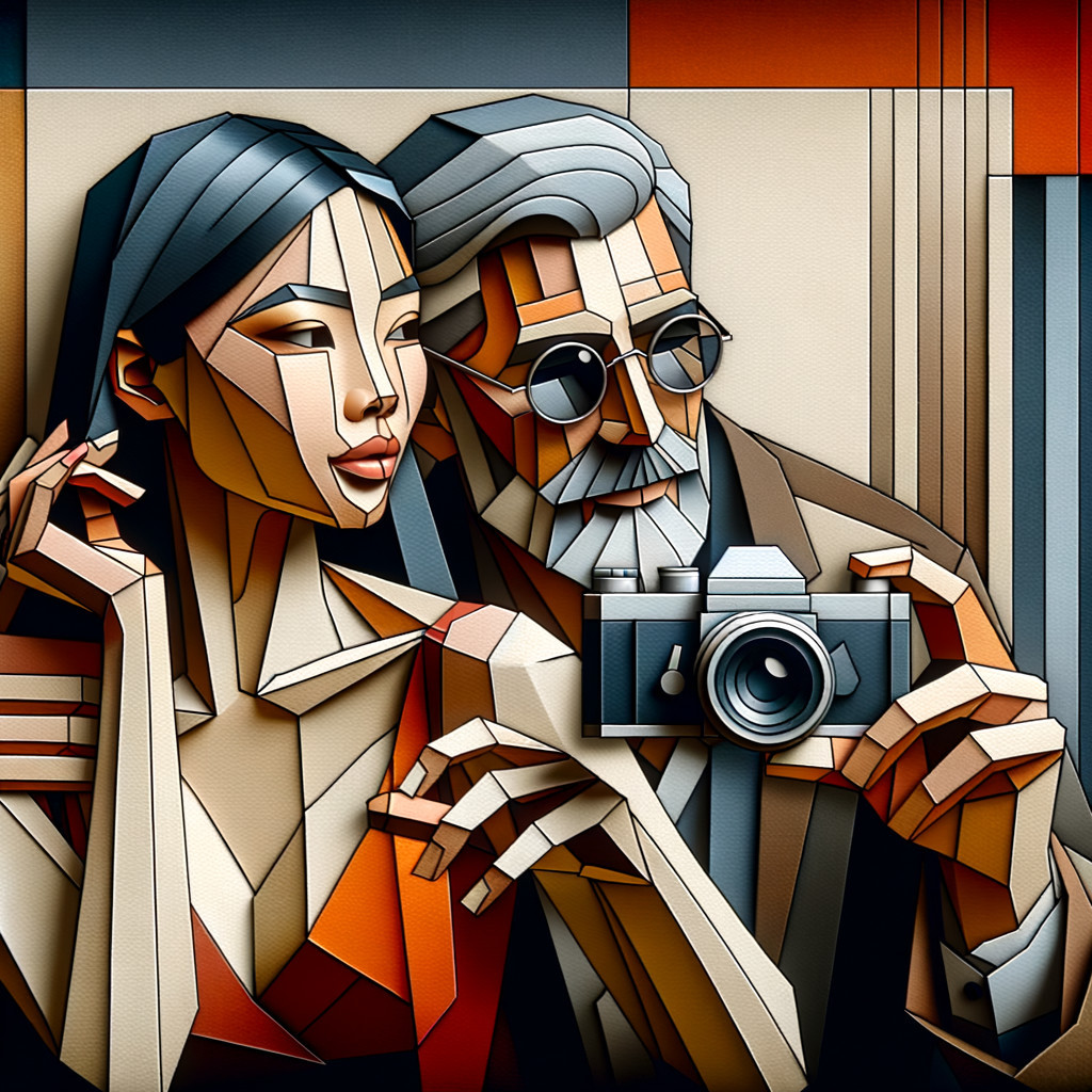 Geometric Cubist Art Style Illustration of Woman and Bearded Man with Camera