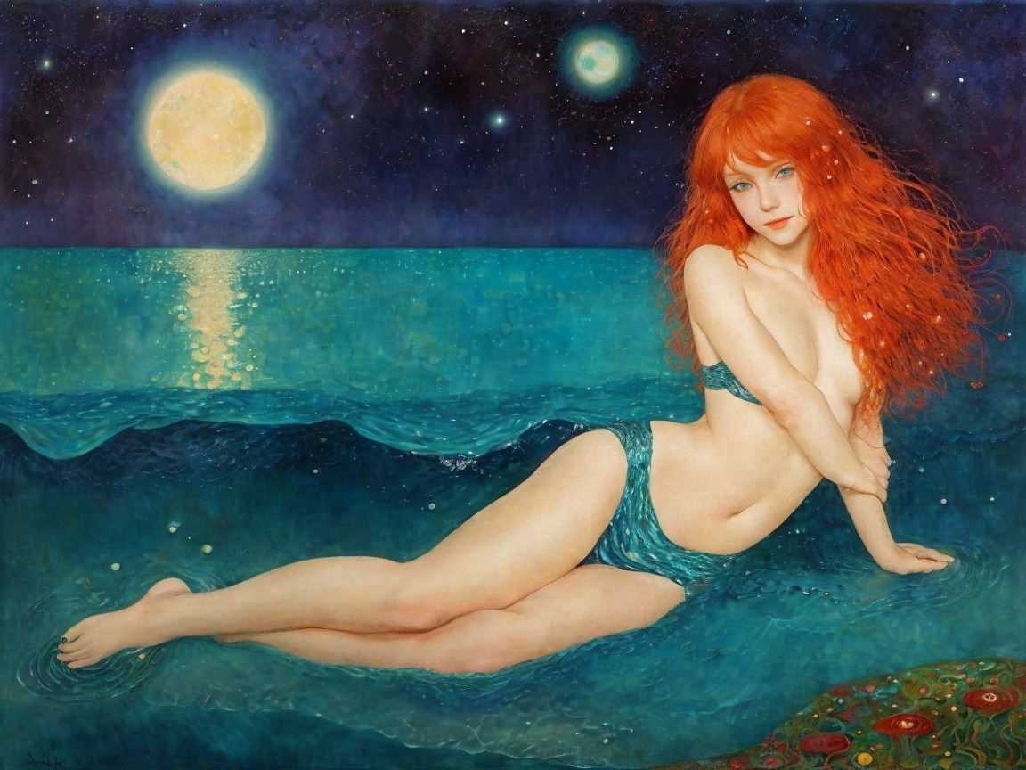 Red-haired woman in ocean under starry night sky
