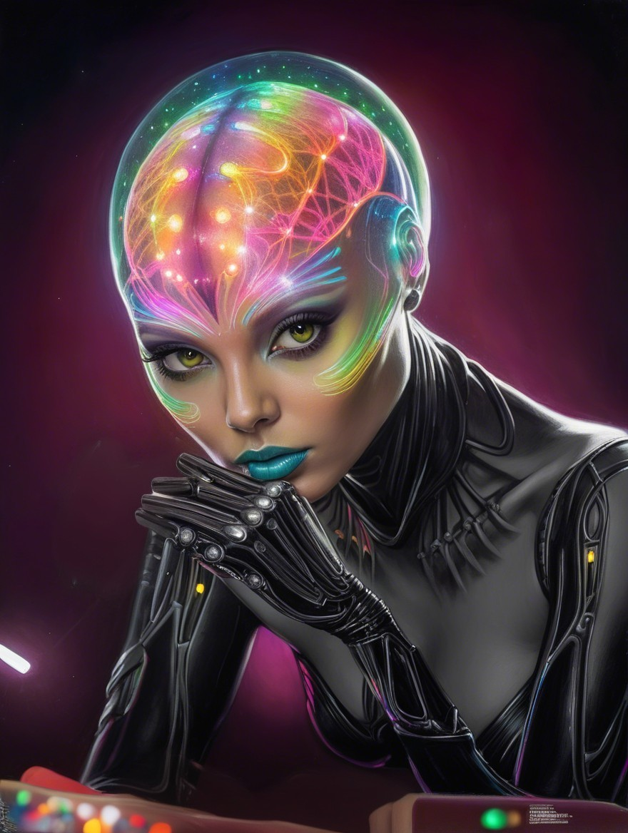 Futuristic humanoid figure with glowing patterns and tech