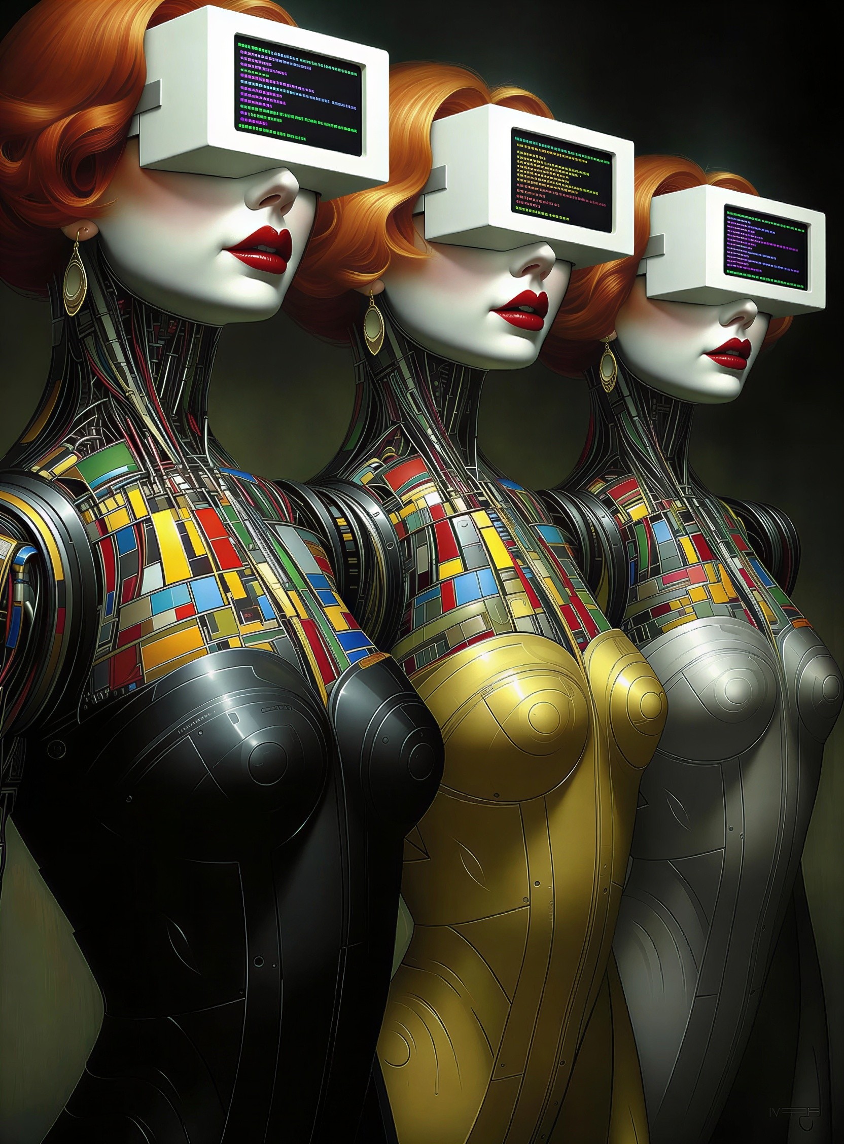 Identical Female Robots in Colorful Bodysuits and VR Headsets