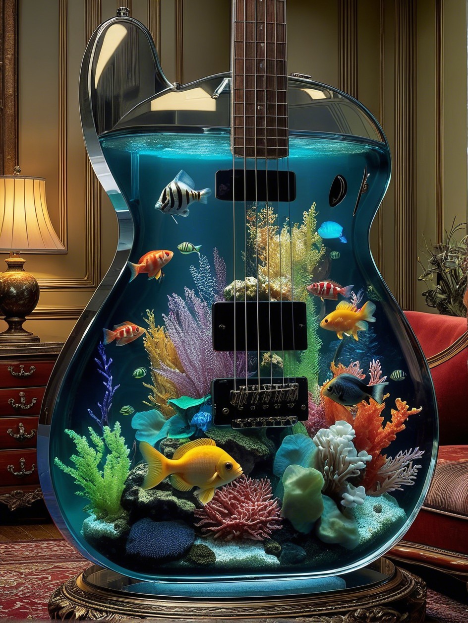Electric Guitar Aquarium with Colorful Fish and Plants