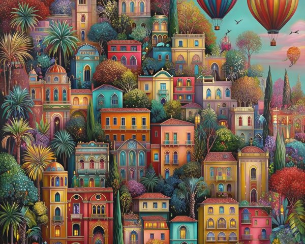 Vibrant Illustration of a Picturesque Hillside Town
