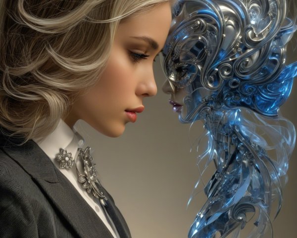 Profile of Woman with Platinum Hair and Mystical Figure