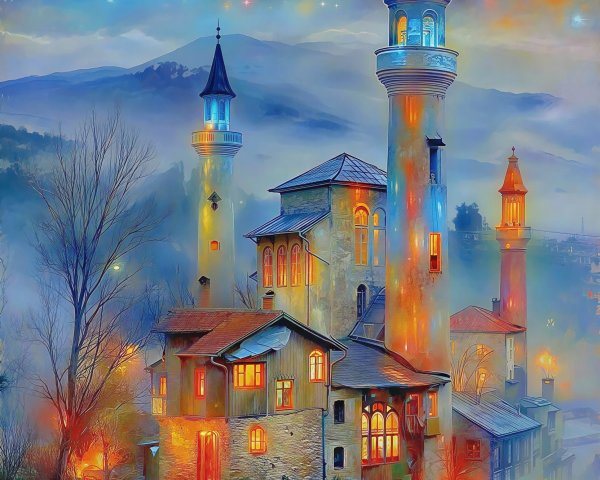 Mystical City Landscape at Dusk in Snowy Mountains