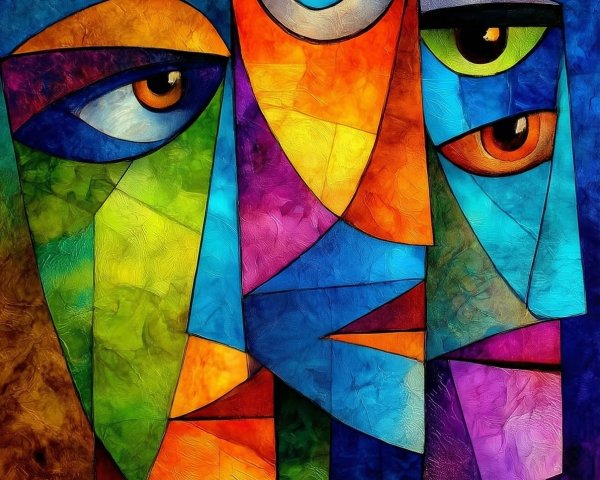 Cubist Abstract Painting of Three Interlocking Faces