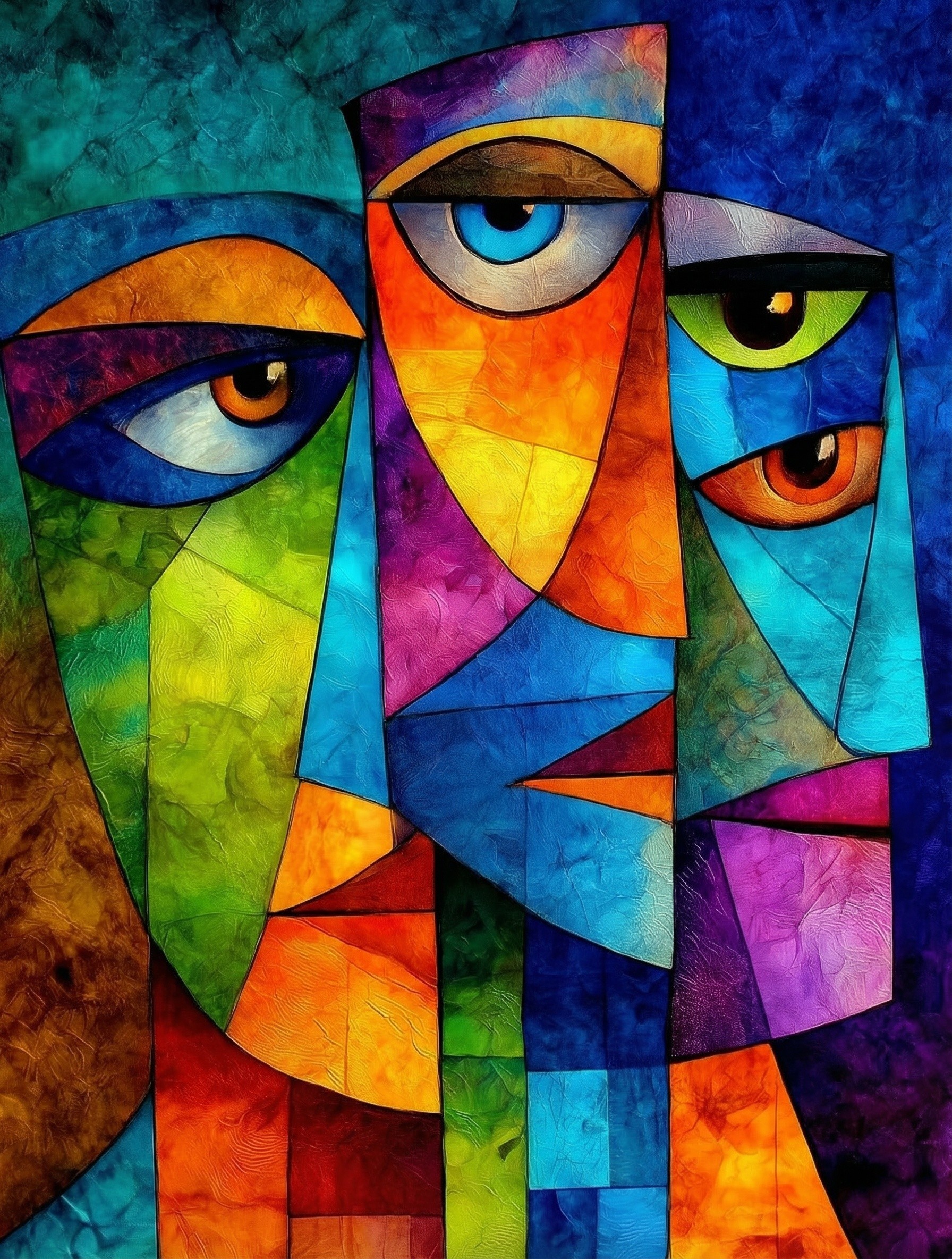 Cubist Abstract Painting of Three Interlocking Faces