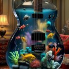 Electric Guitar Aquarium with Colorful Fish and Plants