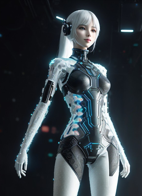Futuristic Female Android in Black and White Bodysuit