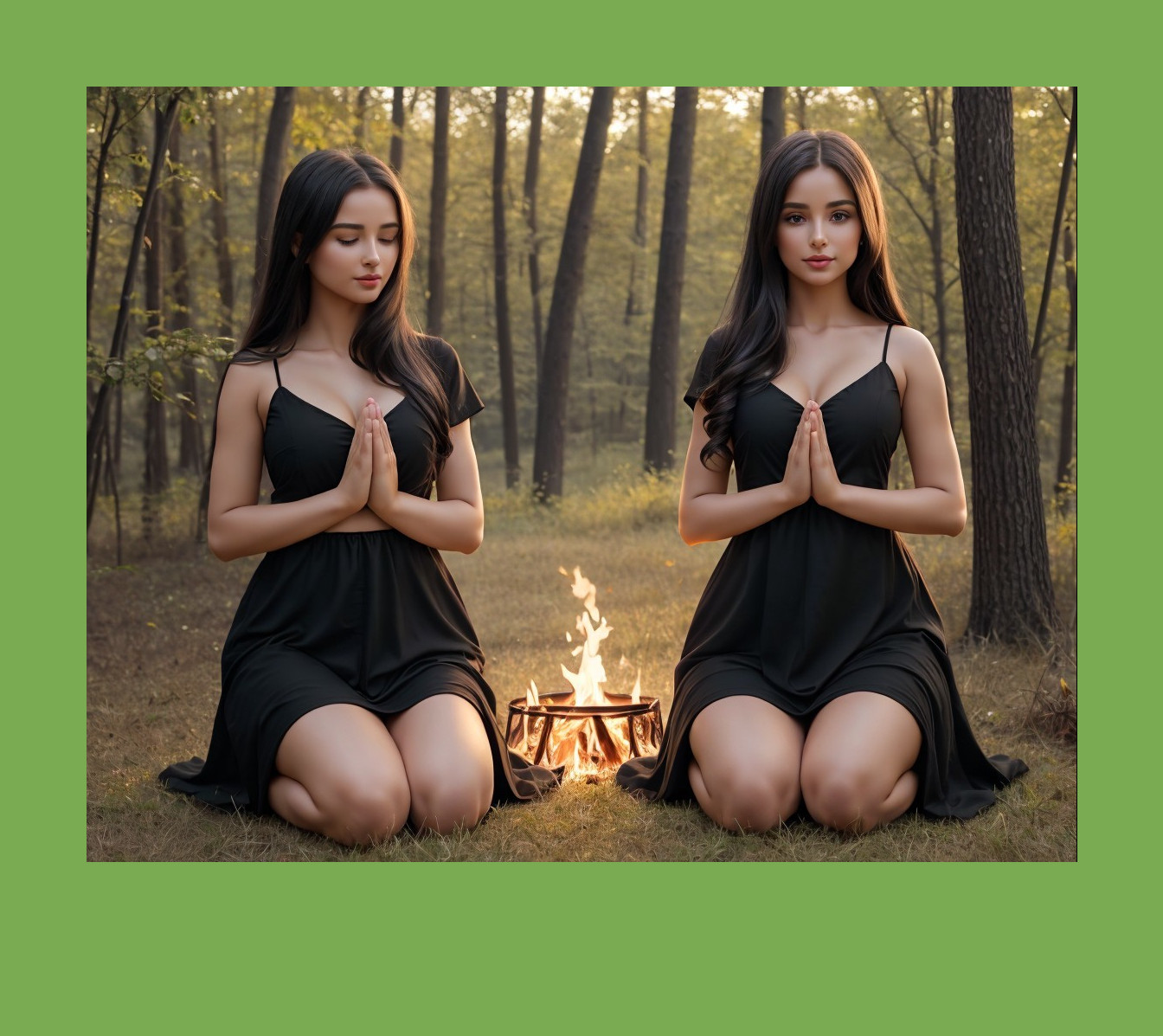 Women Meditating by a Fire in a Forest Setting