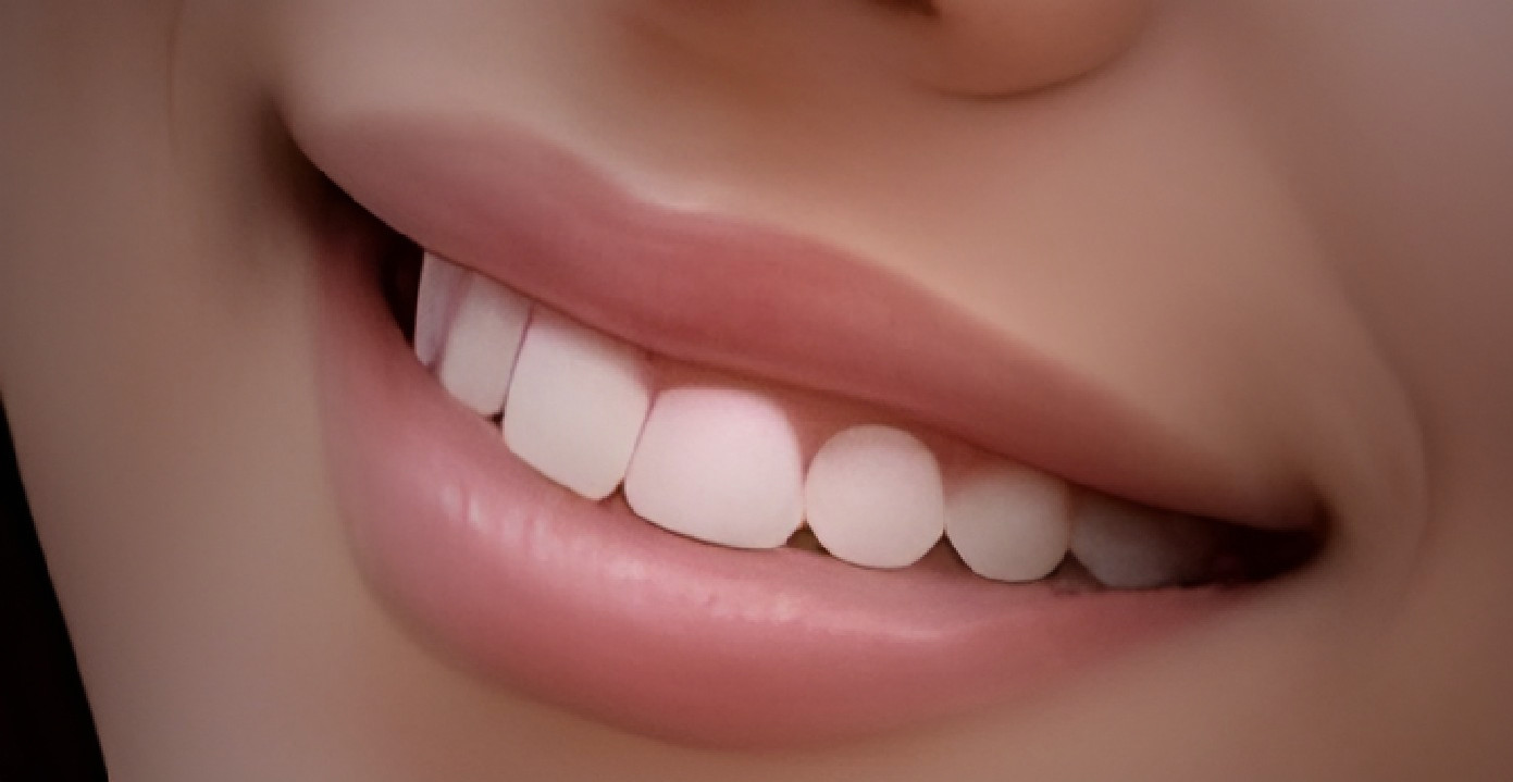 Close-up of a smile with healthy teeth and pink lips