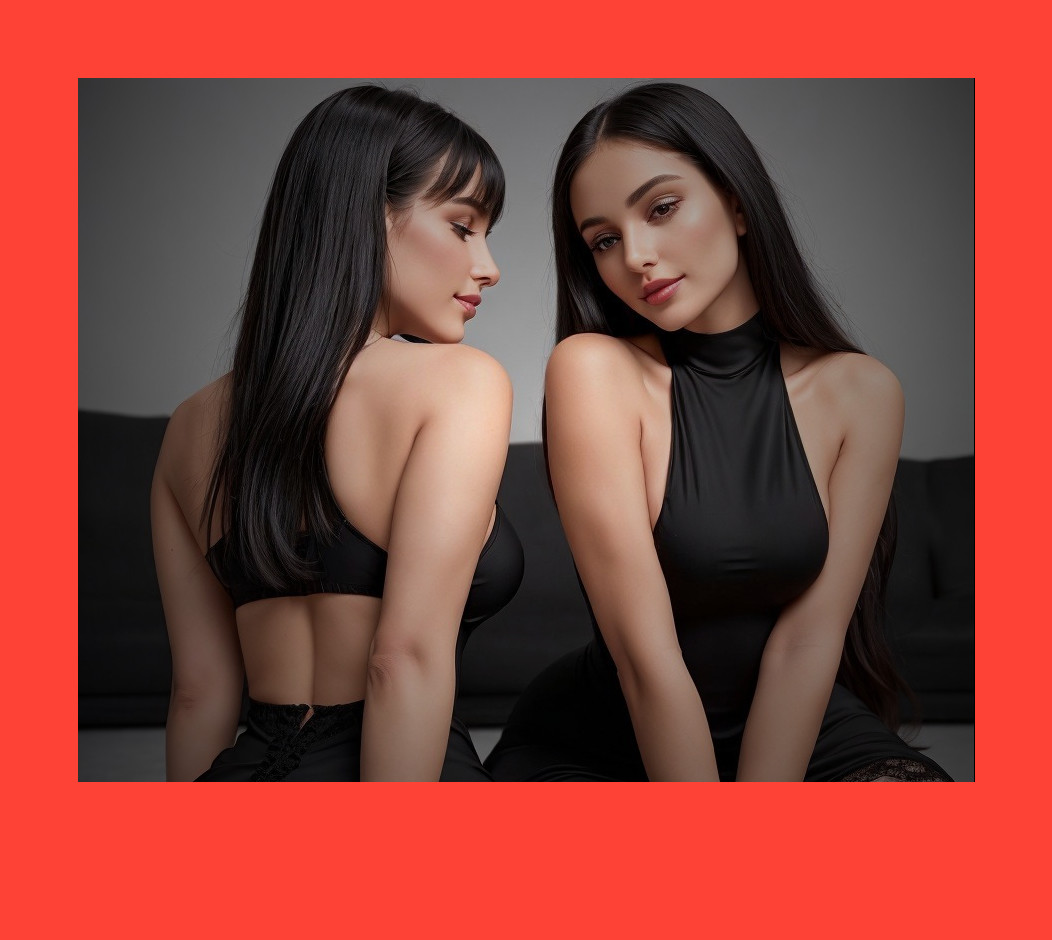 Women in Black Attire Against Dark Background with Red Frame