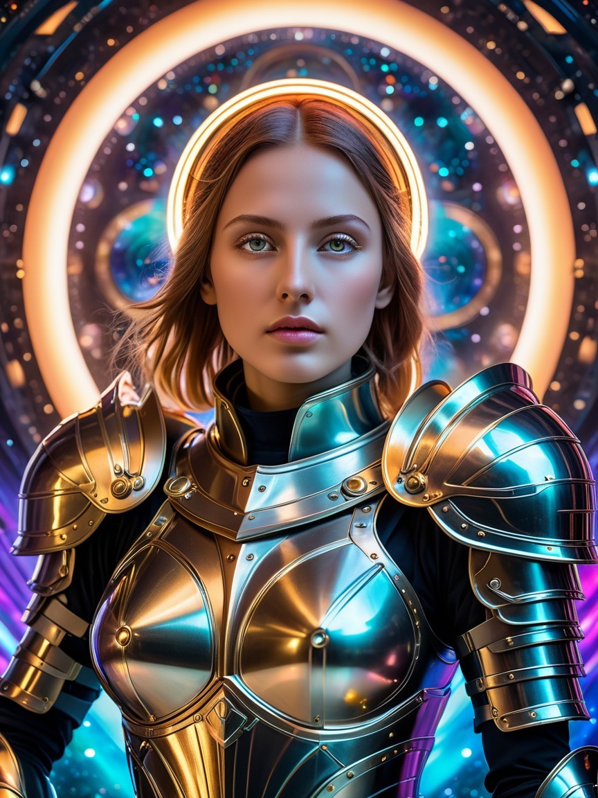 Portrait of a young woman in futuristic armor against cosmos