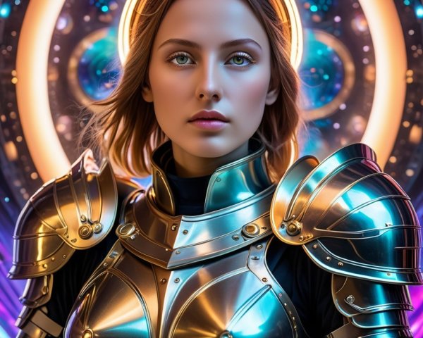 Portrait of a young woman in futuristic armor against cosmos