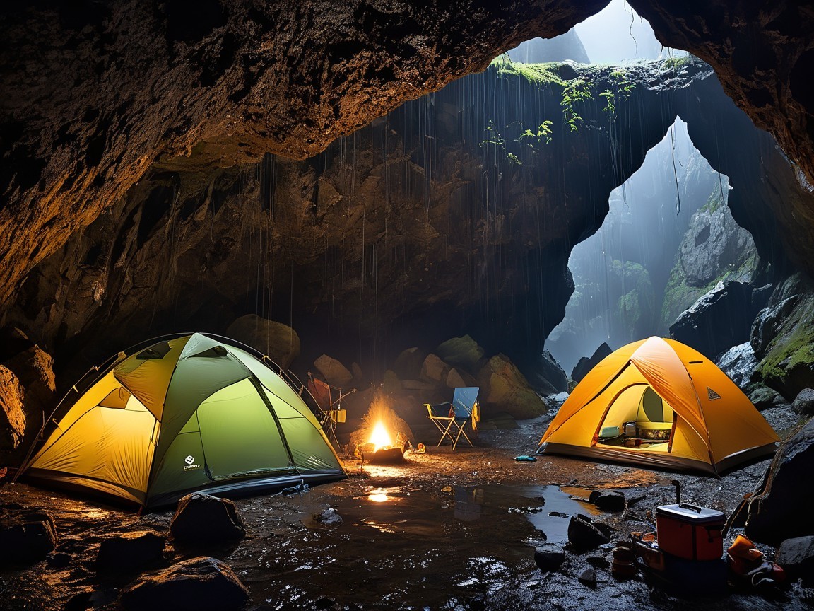 Colorful Tents and Campfire in a Serene Cave Setting