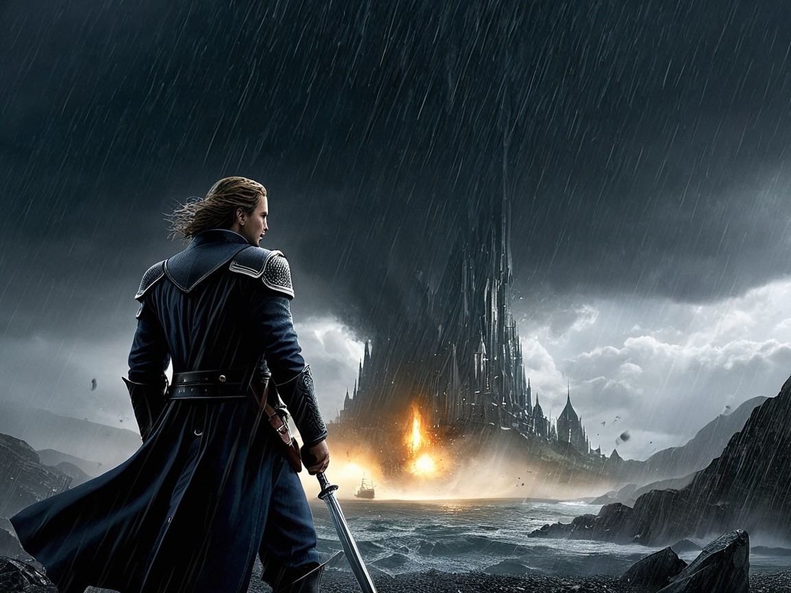 Lone Warrior on Rocky Shore Facing Fiery Castle