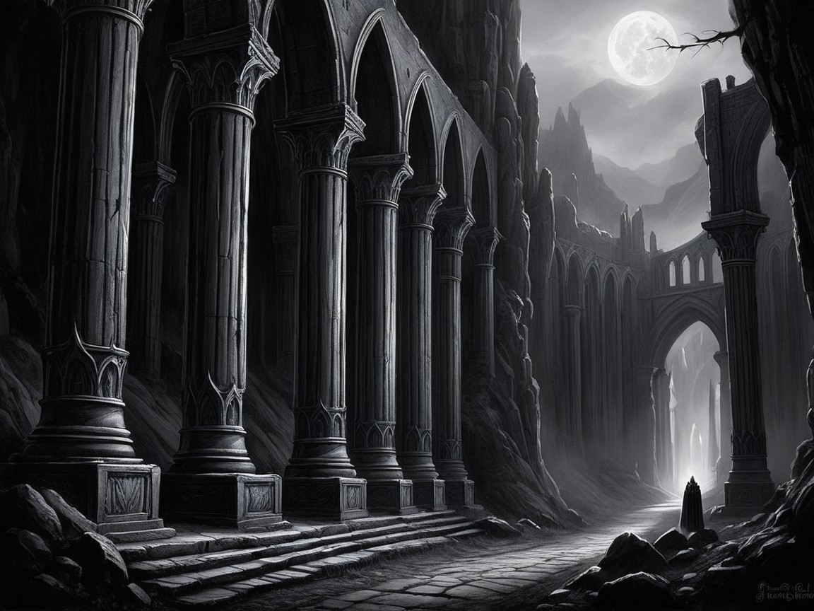 Ancient Ruins with Majestic Columns Under Moonlight