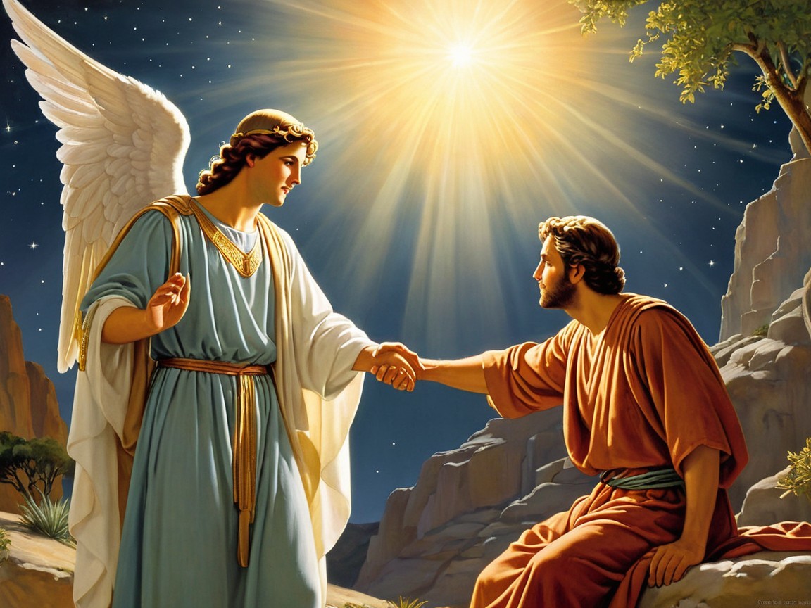 Radiant angel guides seated figure under starry sky