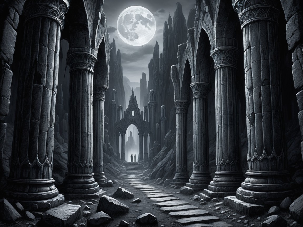 Dark Atmospheric Landscape with Abandoned Ruins