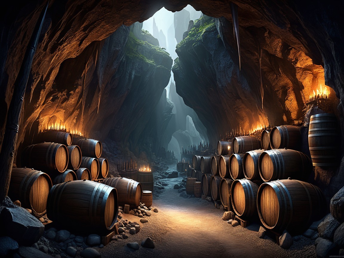 Mysterious Cave with Candlelight and Wooden Barrels