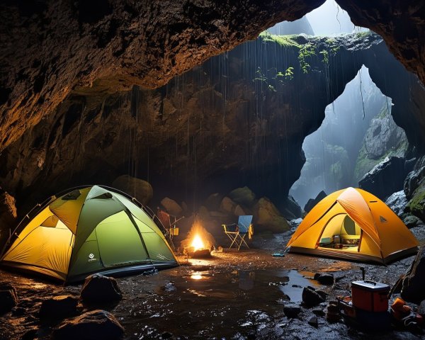 Colorful Tents and Campfire in a Serene Cave Setting