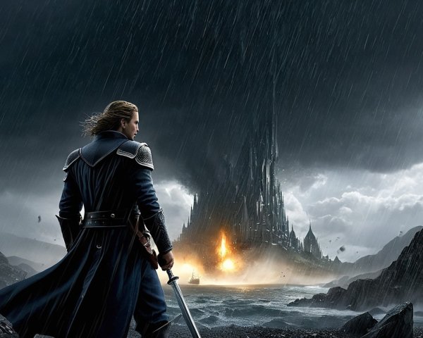 Lone Warrior on Rocky Shore Facing Fiery Castle