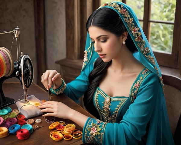 Young Woman in Traditional Attire Threading a Needle