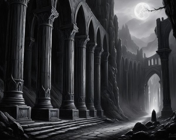 Ancient Ruins with Majestic Columns Under Moonlight
