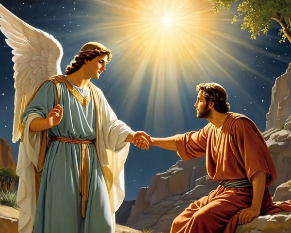 Radiant angel guides seated figure under starry sky