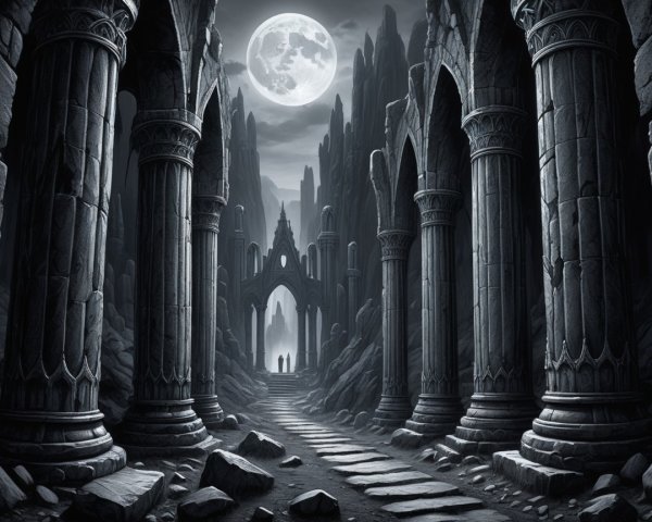 Dark Atmospheric Landscape with Abandoned Ruins