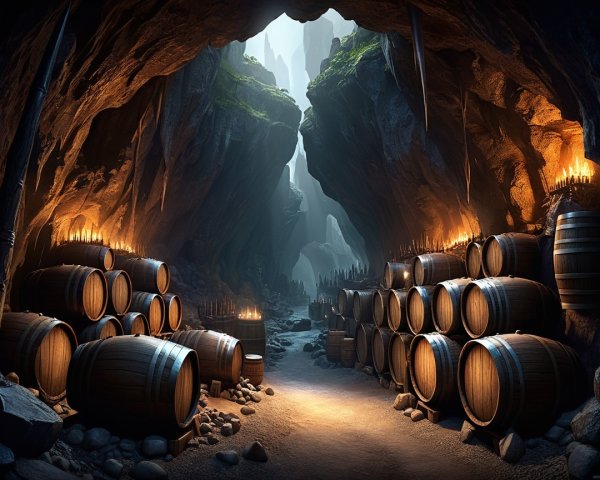 Mysterious Cave with Candlelight and Wooden Barrels