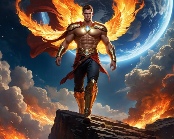 Majestic figure in ornate armor against cosmic backdrop