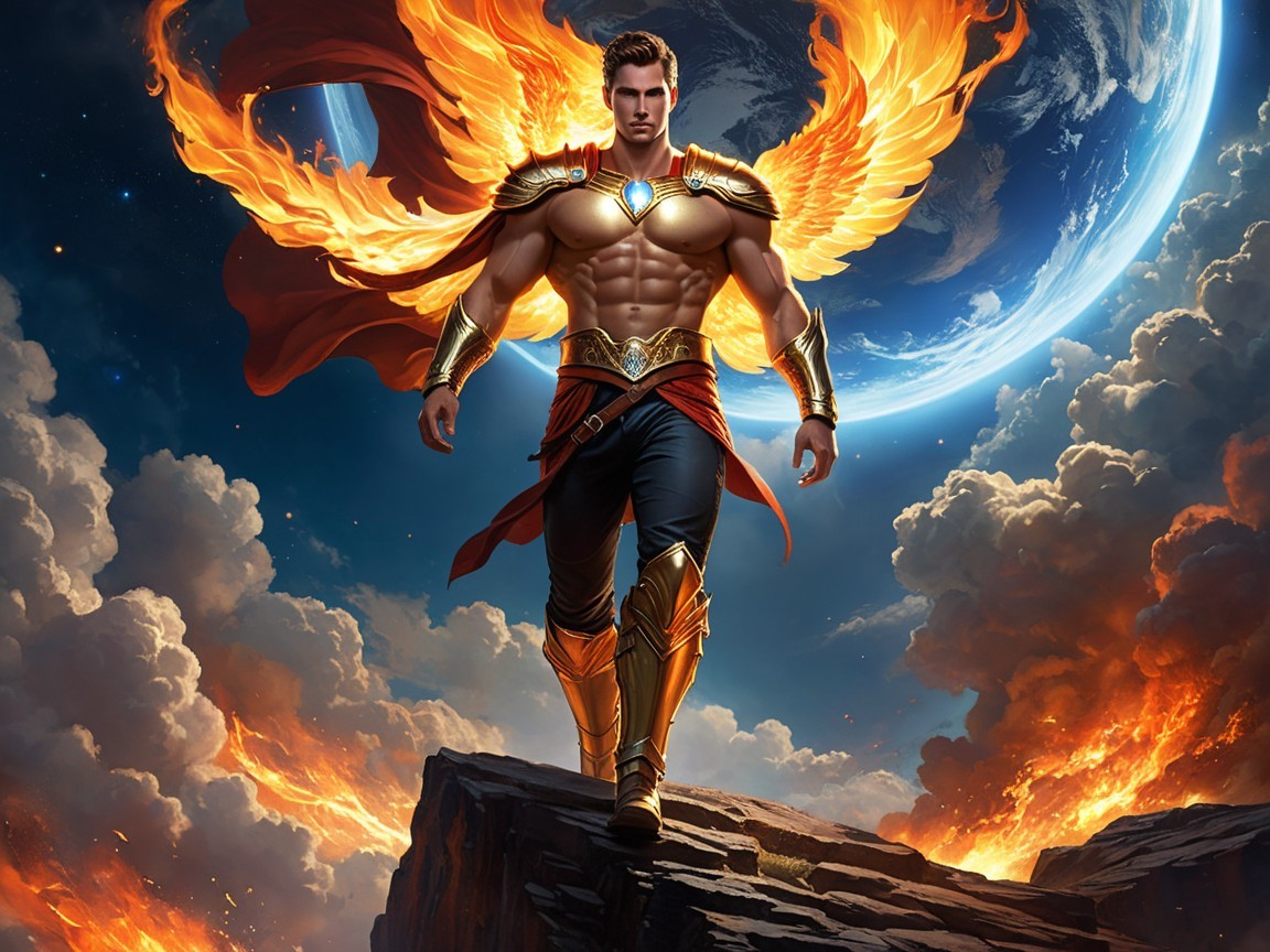 Majestic figure in ornate armor against cosmic backdrop