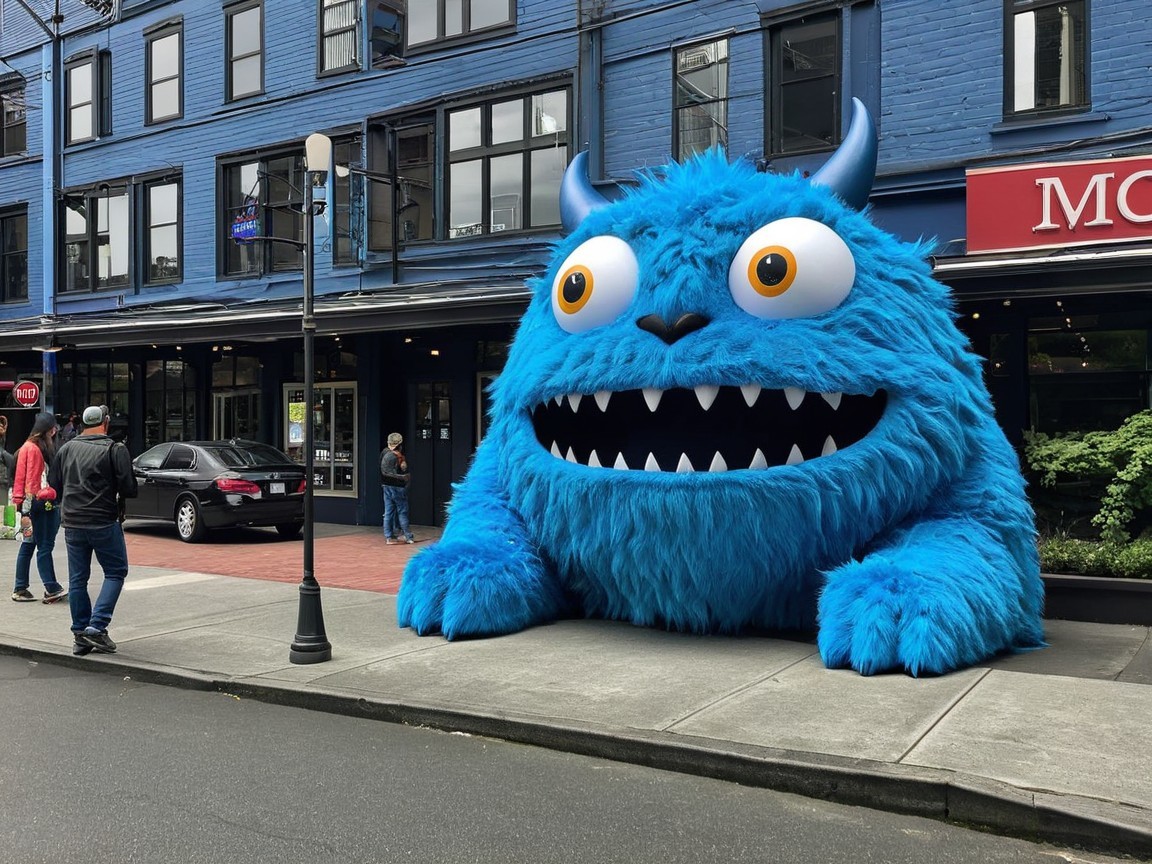 Giant blue furry monster captivates urban sidewalk scene