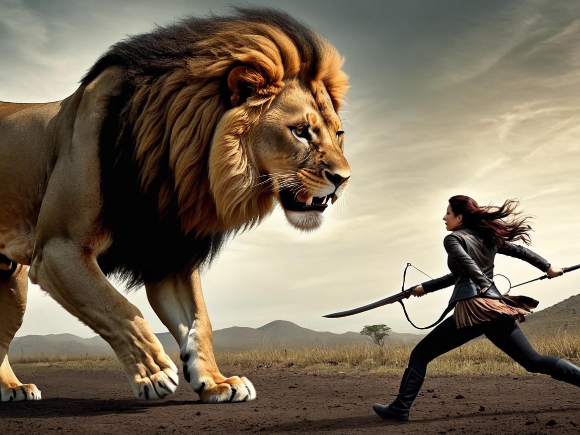 Warrior and Lion Confrontation in Arid Landscape