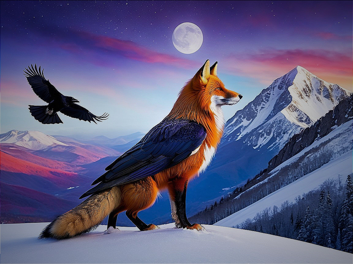 Majestic fox with feathers on snowy ridge at sunset
