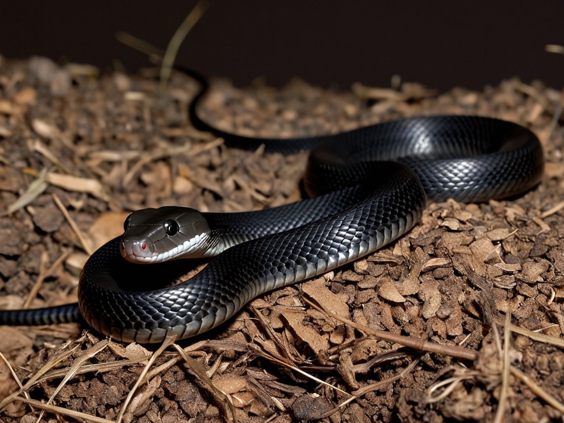 Black Snake on Dry Leaves with Glossy Scales