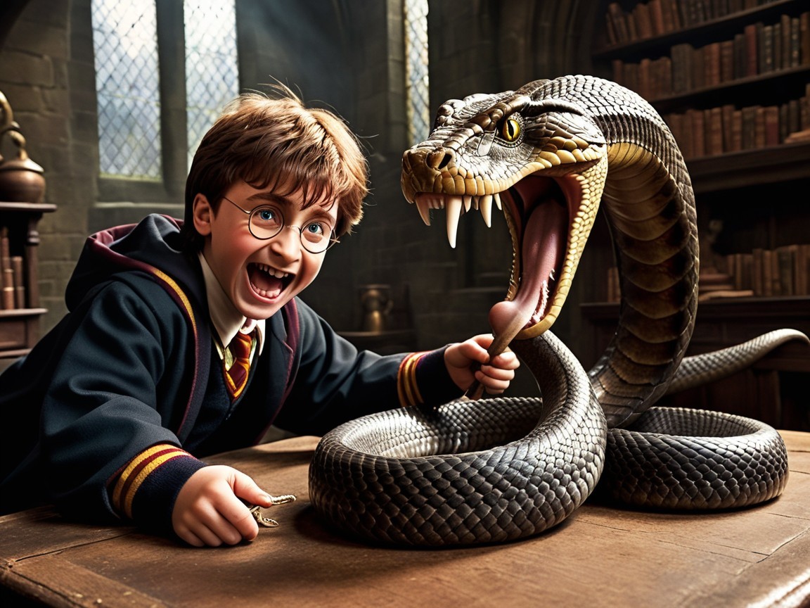 Young wizard interacts with a large snake in a library