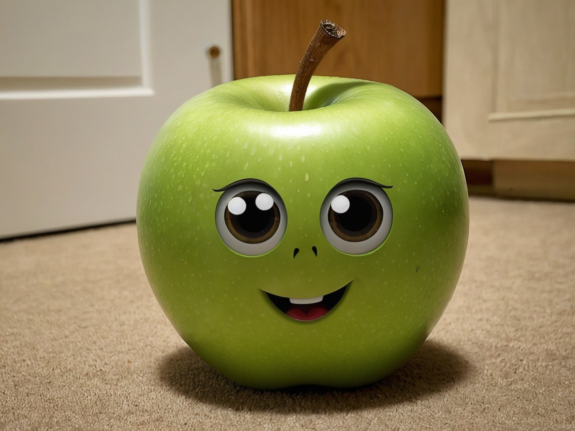 Cartoonish green apple with cheerful face on carpet