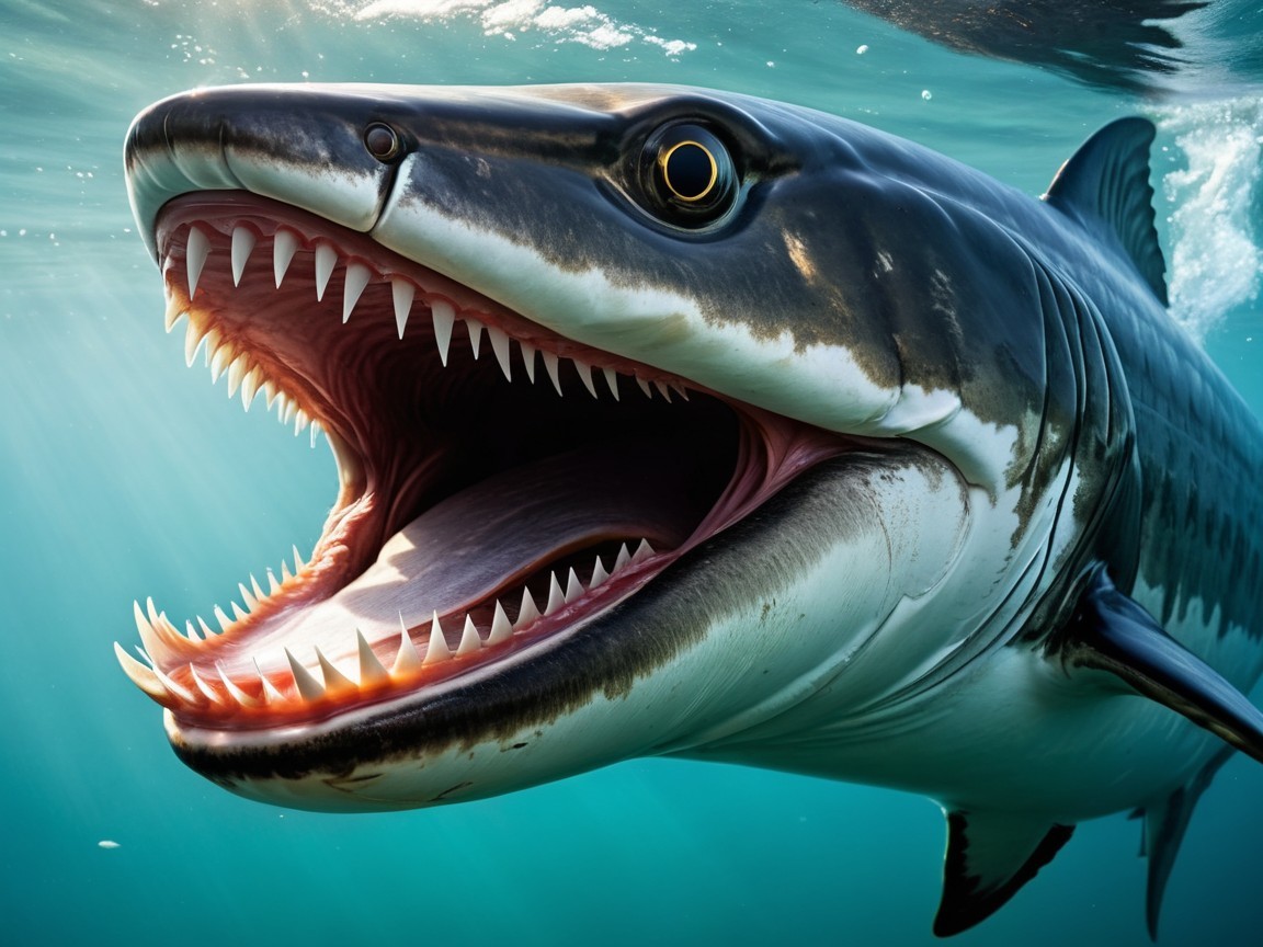 Shark Swimming in Clear Blue Waters with Sharp Teeth