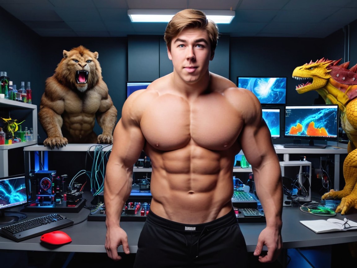 Muscular Man in High-Tech Lab with Fantasy Creatures