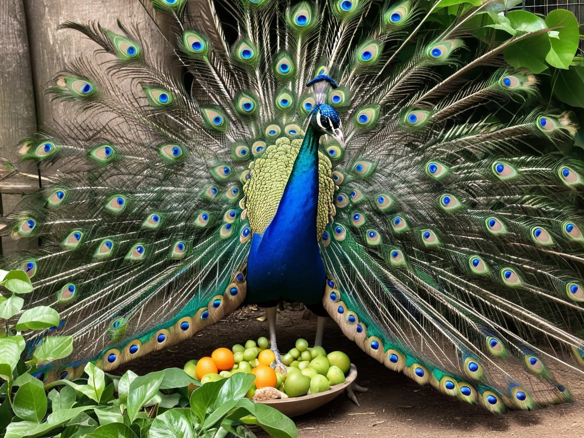 Peacock with Vibrant Plumage Among Assorted Fruits