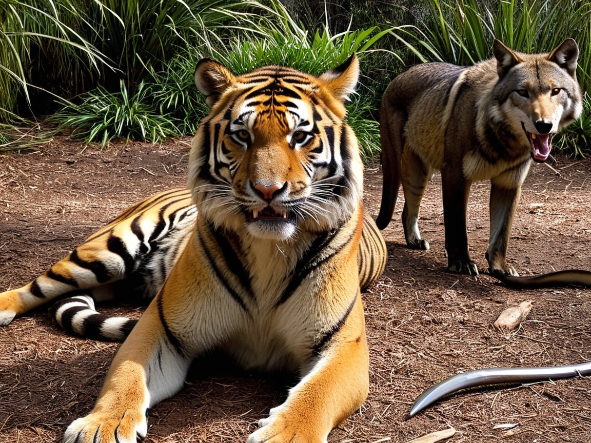 Majestic tiger and alert wolf in lush greenery habitat
