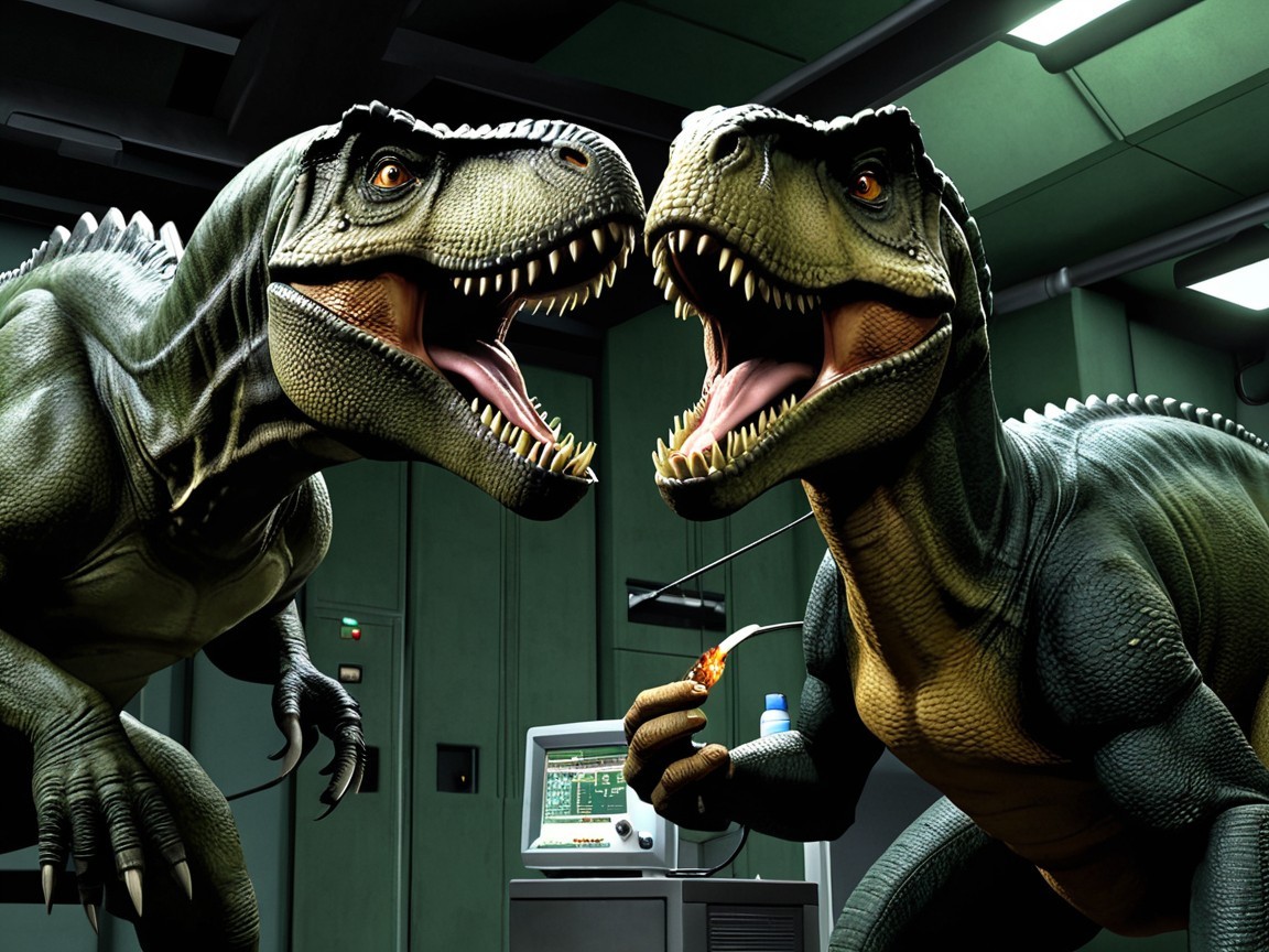 Fierce T-Rex Dinosaurs in High-Tech Lab Setting