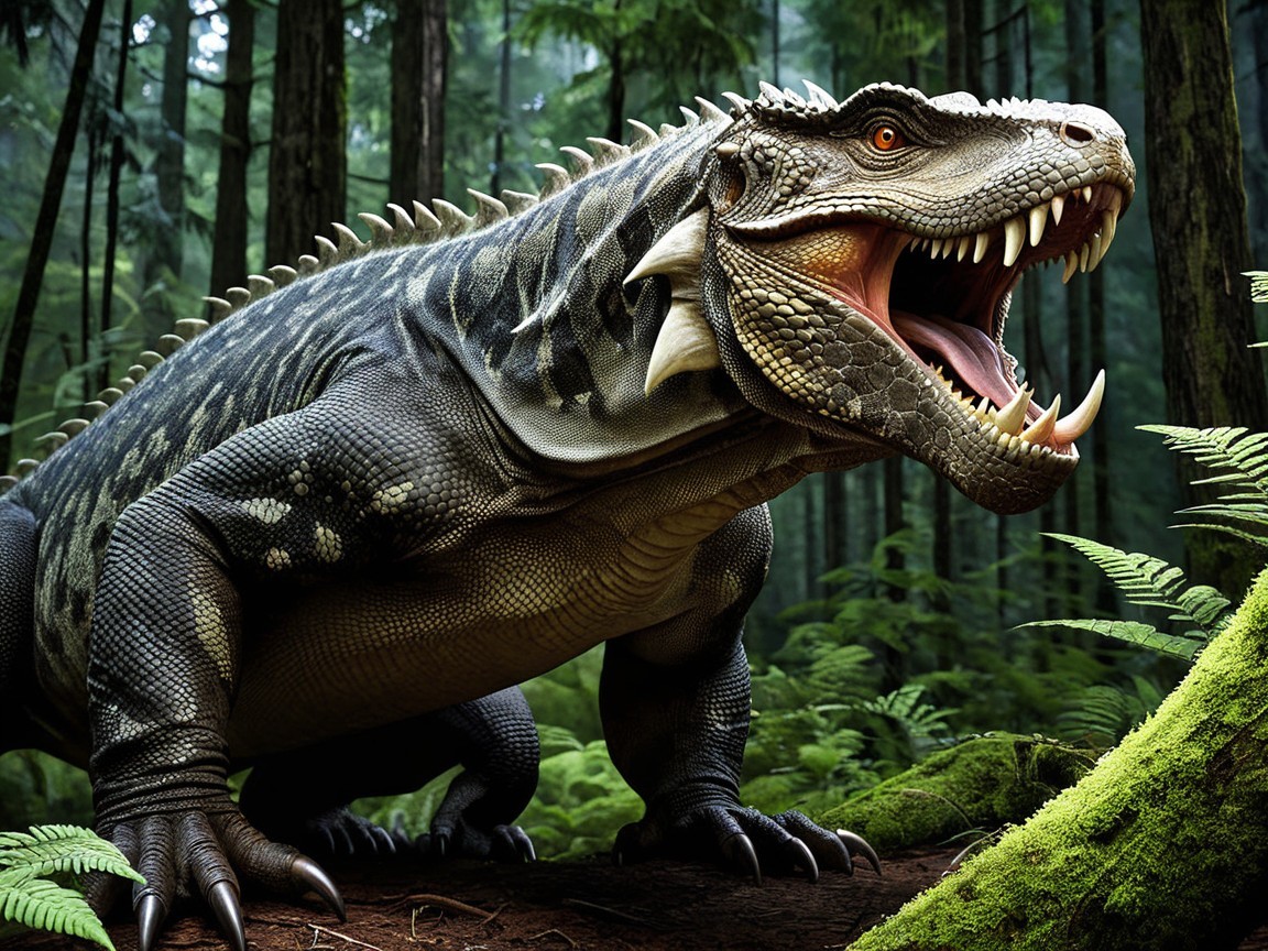 Prehistoric Reptile in Dense Forest Environment